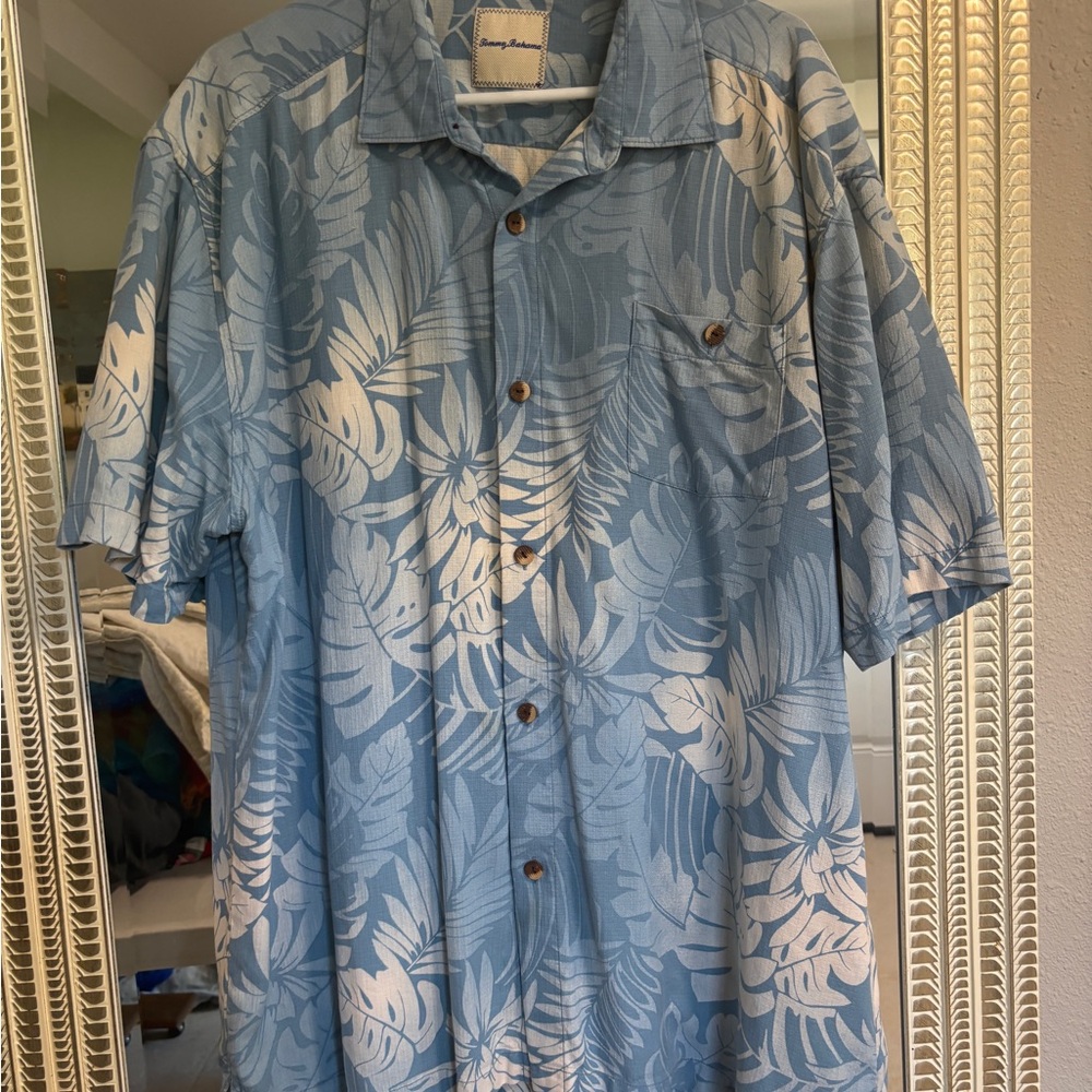 Tommy Bahama Light Blue Leaf Print Shirt, XXL